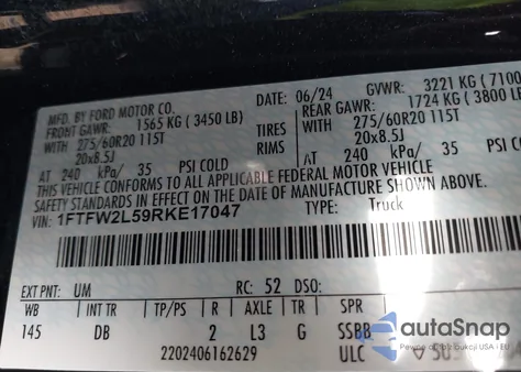 2024 Ford F-150 Stx z USA, uszkodzony, nr VIN 1FTFW2L59RKE17047